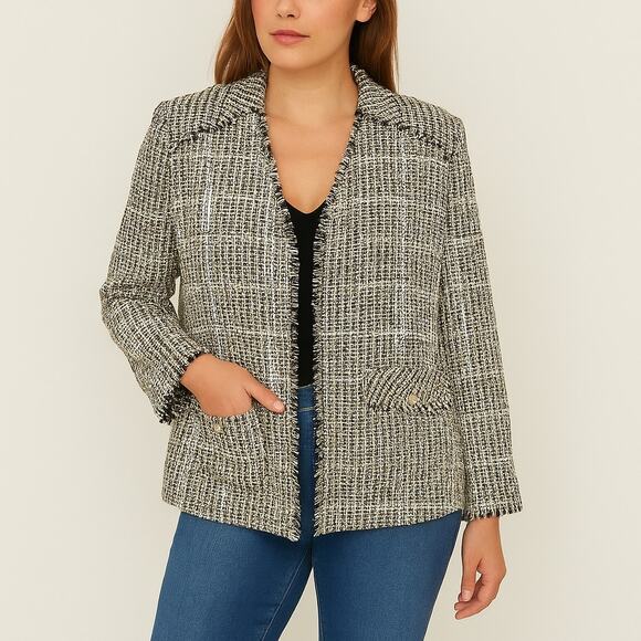 Chico’s Size 3 (XL 16/18) Tweed Jacket Open Front Black White Gold Fringe Trim - Picture 1 of 9